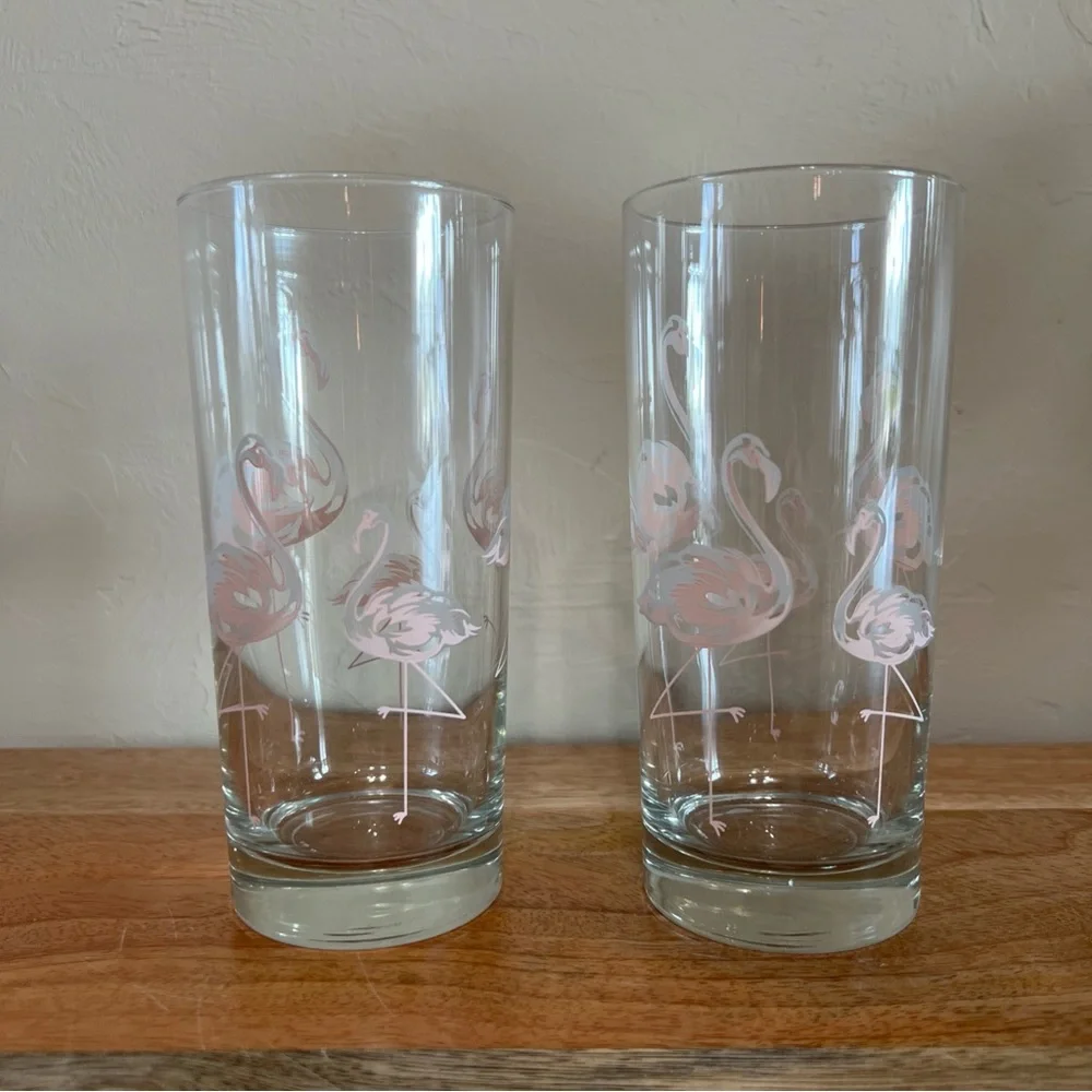 Vintage (2) Pink Flamingo Highball Cocktail Party Glasses 6 1/4” tall - Picture 4 of 5